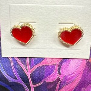 Gold Trimmed Red Heart Stud Earrings, Dainty Romantic Jewelry, New